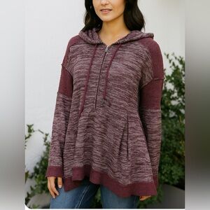 Free People Oversized Burgundy Half Zip Up Sweater